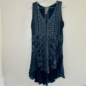 Johnny Was Charcoal blue Embroidered High Low tunic Dress boho lagenlook resort